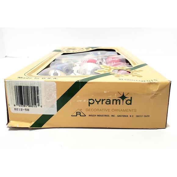 Vtg Pyramid Jumbo Glass Ornaments w/ White Glitter Stripes Boxed 17 ct Red Blue - Picture 7 of 10